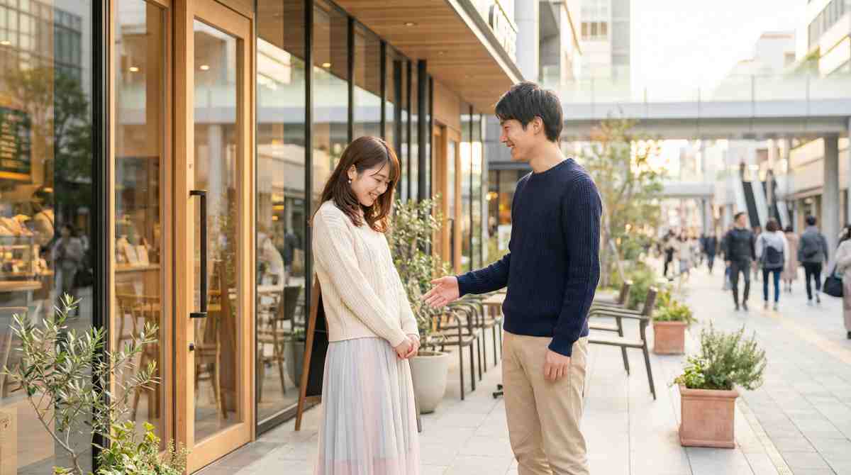 マッチングアプリの初デートでの服装を解説するアイキャッチ画像。カフェの前で初めて対面し、笑顔で挨拶を交わす清潔感のある男女。