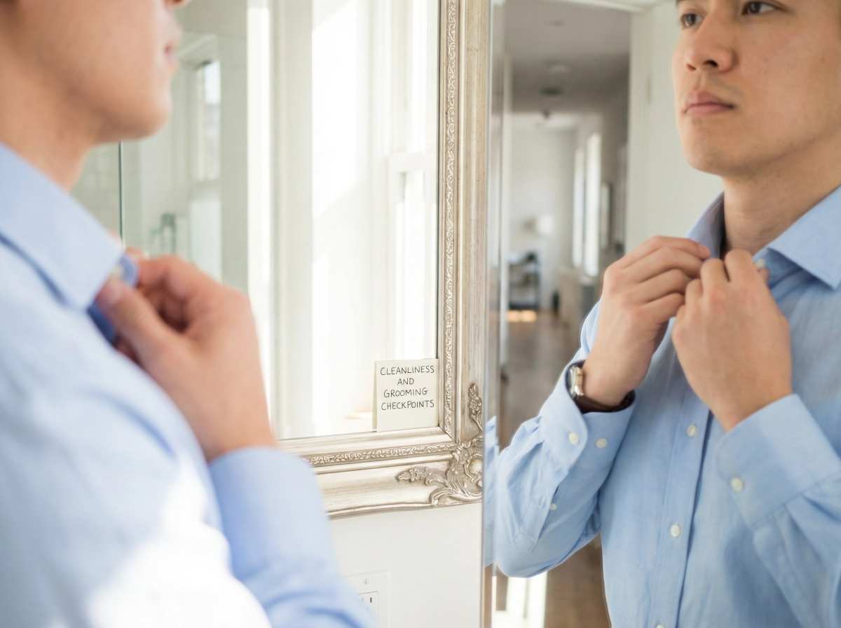 デート前に鏡の前で襟元を整え、身だしなみをチェックする男性。清潔感のある服装と、シワや汚れのない身なりの確認。