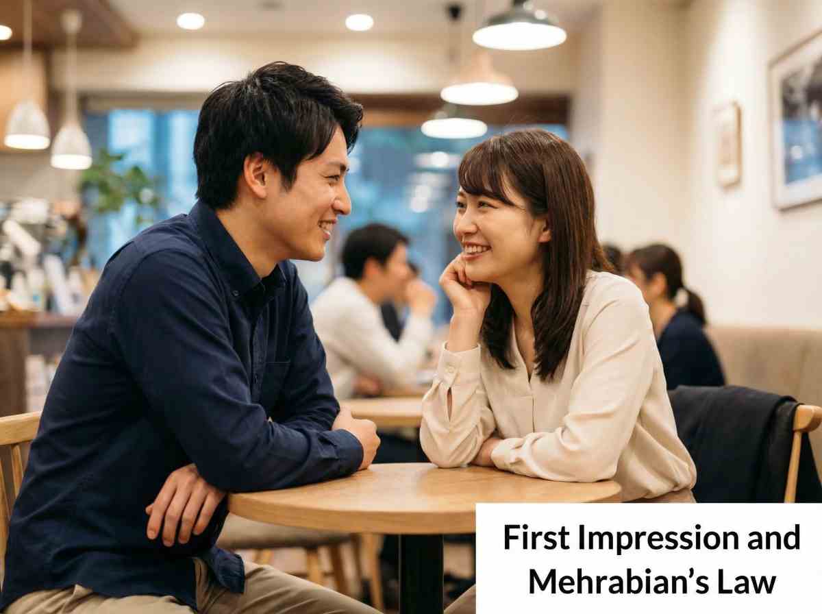カフェで向かい合って座り、楽しそうに会話するカップル。第一印象を決めるメラビアンの法則と、好印象を与える服装の重要性。