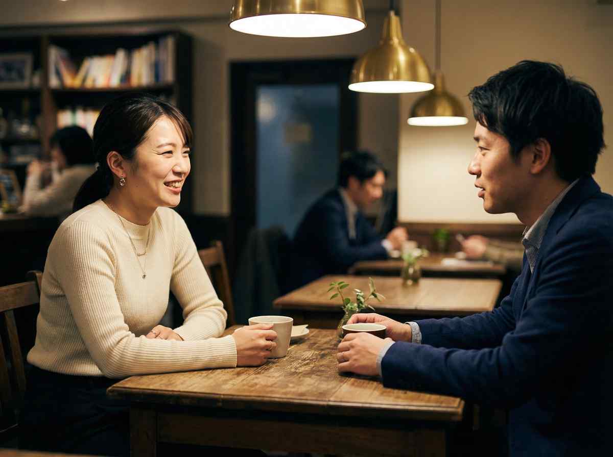 カフェで久しぶりに向かい合って座り、楽しそうに会話する25歳の日本人女性とパートナー。再会後の安心感と、新しい魅力を感じさせるスタイリング。